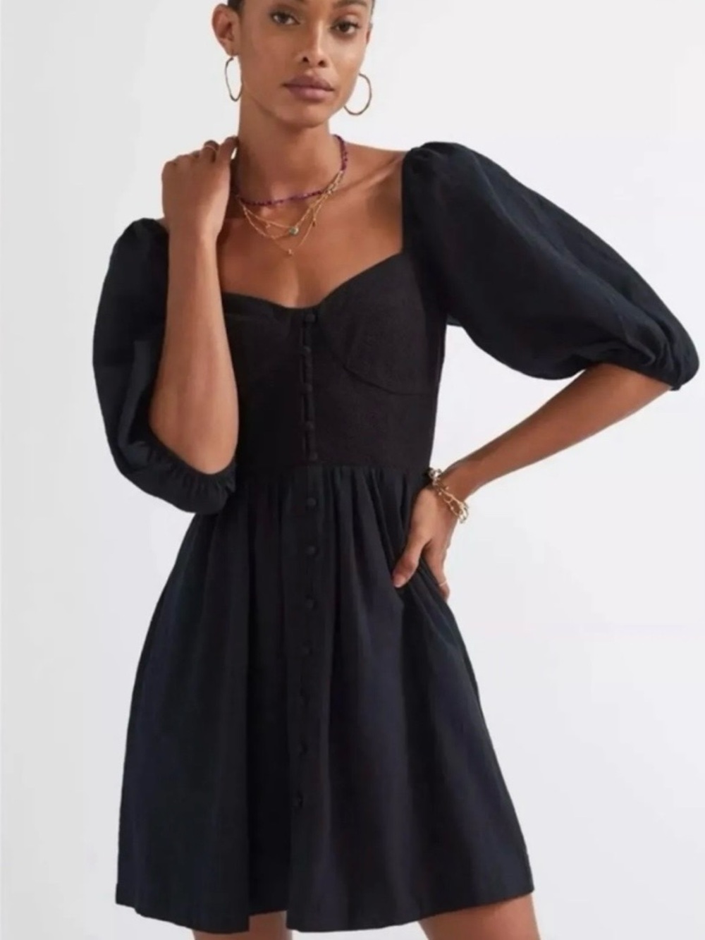 ANTHROPOLOGIE Maeve Black Puff Sleeve Smocked Button-Front Mini Dress Size Small